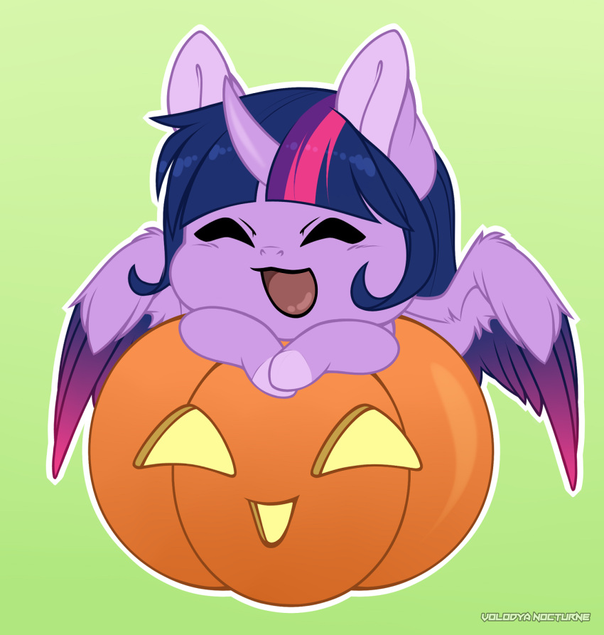big_ears chibi embarrassed equid equine eyes_closed feathers female feral food friendship_is_magic fruit hair hasbro hi_res horn horse jack-o'-lantern long_hair magic mammal my_little_pony plant pony pumpkin smile solo twilight_sparkle_(mlp) unicorn_horn volodyanocturne wings