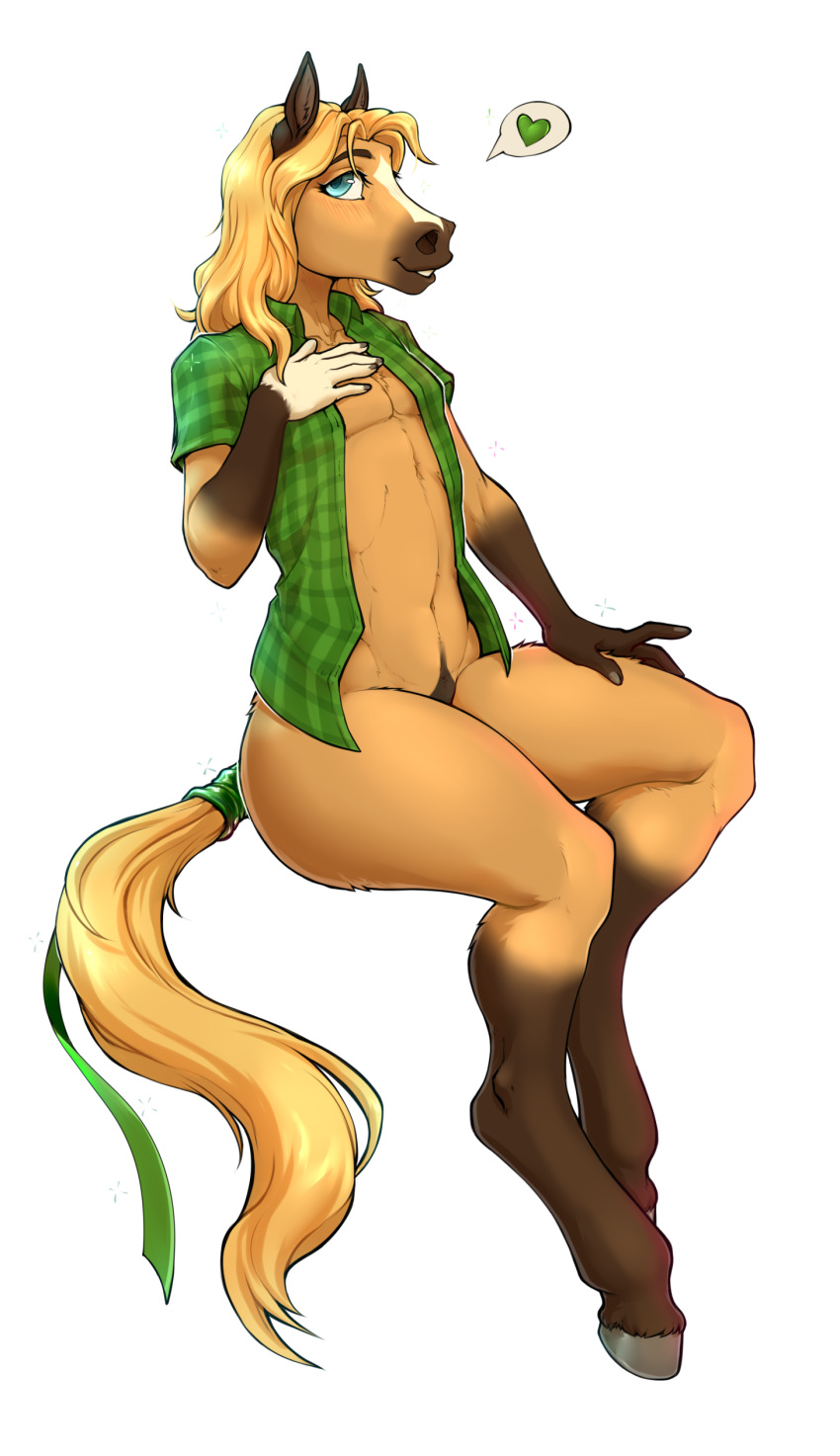 5_fingers absurd_res anthro blonde_hair blue_eyes bottomless butt clothed clothing digital_media_(artwork) equid equine fingers fur golden_wing green_clothing hair hi_res hooves horse male mammal nude open_clothing open_shirt open_topwear shirt simple_background smile solo teeth tgt1512 topwear white_body white_fur