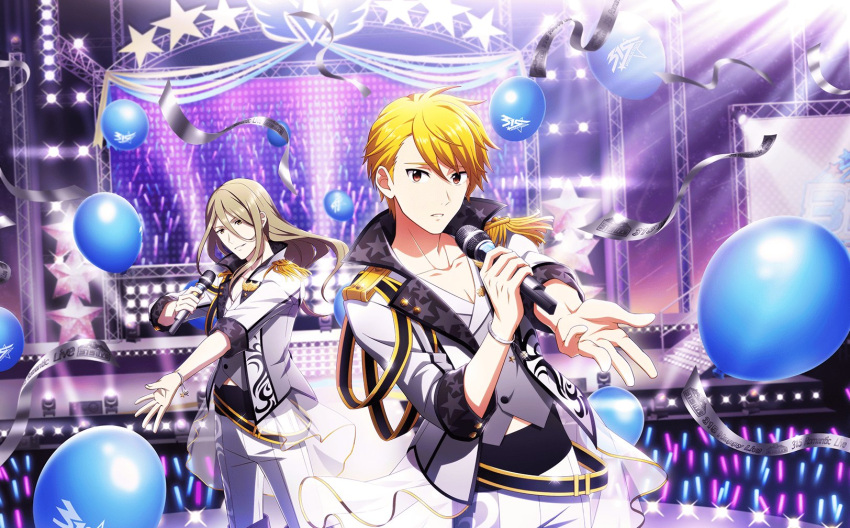 2boys balloon blonde_hair bracelet epaulettes fingernails highres holding holding_microphone idol idolmaster idolmaster_side-m idolmaster_side-m_live_on_stage! jewelry koron_chris long_hair looking_at_viewer maita_rui male_focus microphone multiple_boys official_art palms parted_lips single_epaulette stage stage_lights star_(symbol) yellow_eyes