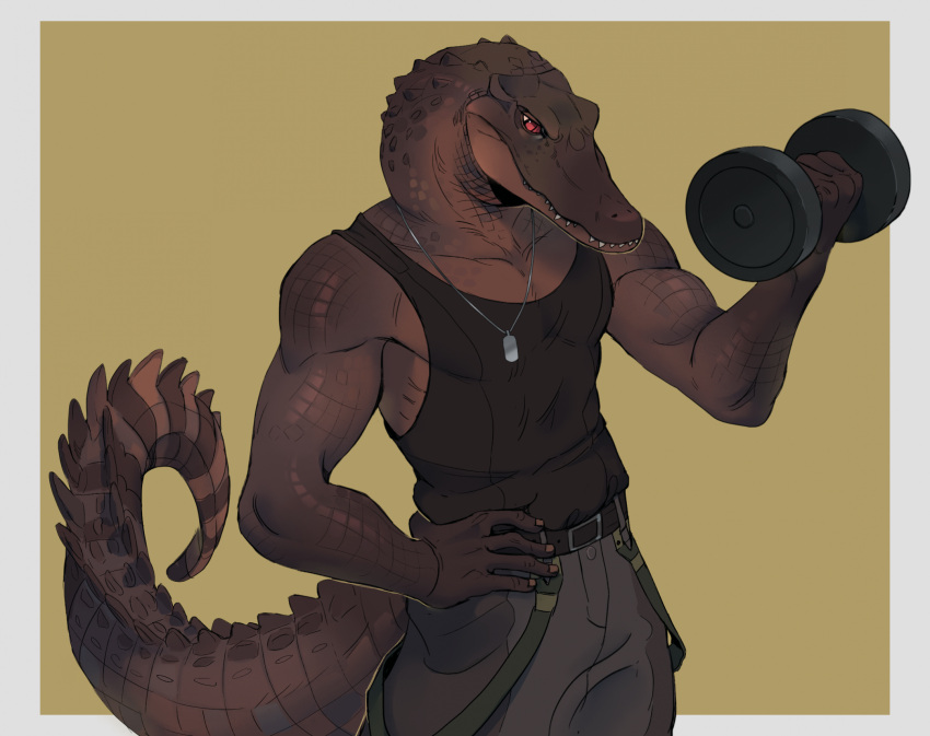 aetius_(character) anthro bluekiwi101 bottomwear brown_body brown_scales clothed clothing crocodilian dumbbell exercise front_view fully_clothed hi_res jewelry male muscular muscular_anthro muscular_male necklace pants red_eyes reptile scales scalie shirt solo standing tail tank_top topwear weightlifting weights workout