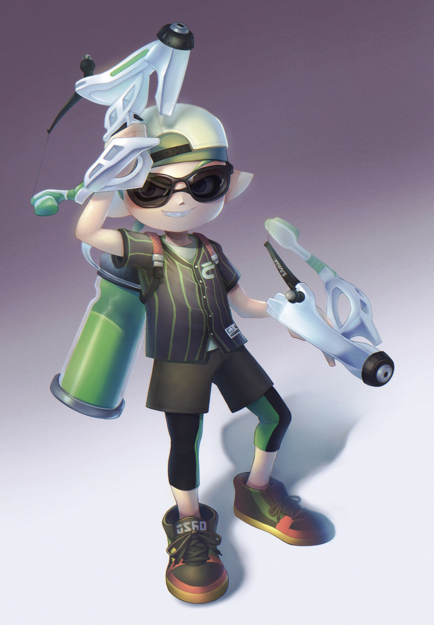 1boy absurdres backwards_hat baseball_cap bike_shorts bike_shorts_under_shorts black_footwear black_shirt black_shorts buttons gradient_background grin hat highres holding holding_weapon ink inkling inkling_boy male_focus pointy_ears sharp_teeth shirt shoes short_sleeves shorts smile solo splat_dualies_(splatoon) splatoon_(series) splatoon_2 striped striped_shirt sunglasses teeth undershirt weapon white_headwear yoshika_(kotorizinbei)