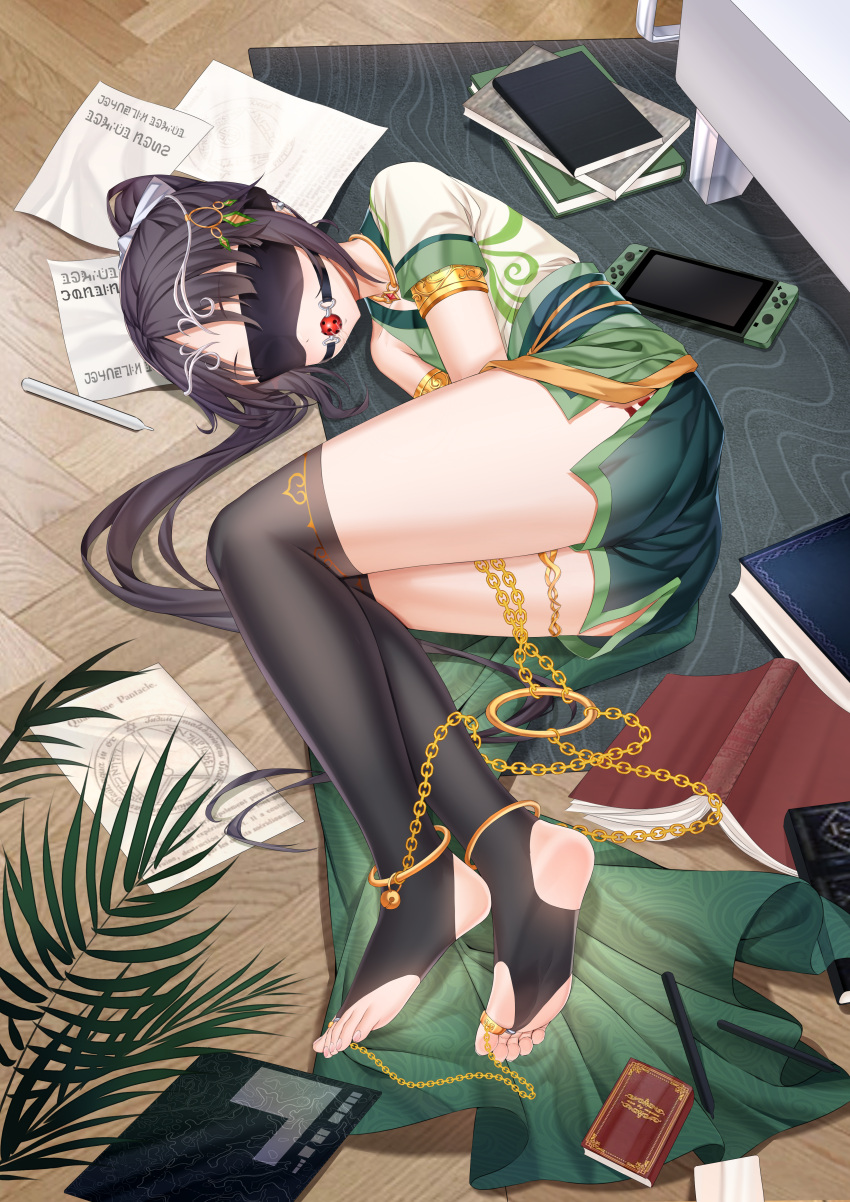 1boy absurdres anklet armlet ball_gag bdsm black_hair black_thighhighs blindfold blush bondage bound chain commission ear_piercing feet full_body gag gold_chain highres jewelry legs lying neck_ring nintendo_switch no_shoes on_floor on_side original otoko_no_ko piercing restrained soles solo thighhighs thighlet tiara toe_ring toenails toes xo_(xo17800108)