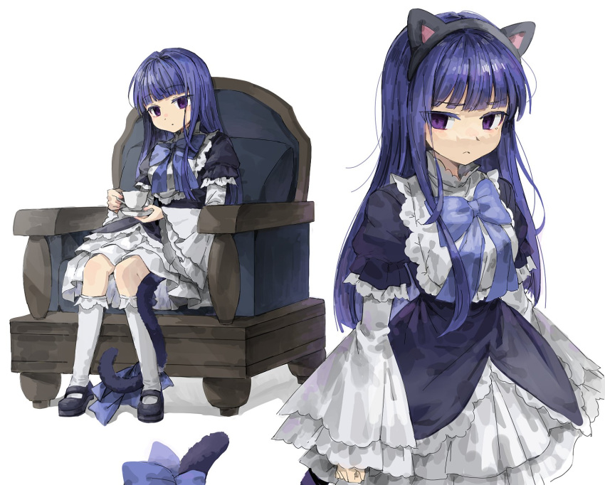 1girl animal_ears black_dress black_footwear blue_bow blunt_bangs blunt_ends bow bow_legwear cat_ears cat_tail chair clenched_hand closed_mouth colored_eyelashes commentary cowboy_shot cup dress dress_bow empty_eyes eyes_visible_through_hair fake_animal_ears frederica_bernkastel frilled_dress frilled_sleeves frilled_socks frills frown full_body ghkdakrh1129 hair_intakes highres hime_cut holding holding_cup holding_saucer kneehighs korean_commentary layered_dress long_hair looking_at_viewer mary_janes multiple_views parted_lips puffy_sleeves purple_eyes purple_hair saucer shoes sidelocks simple_background sitting socks tail tail_bow tail_ornament teacup umineko_no_naku_koro_ni white_background white_socks wide_sleeves witch