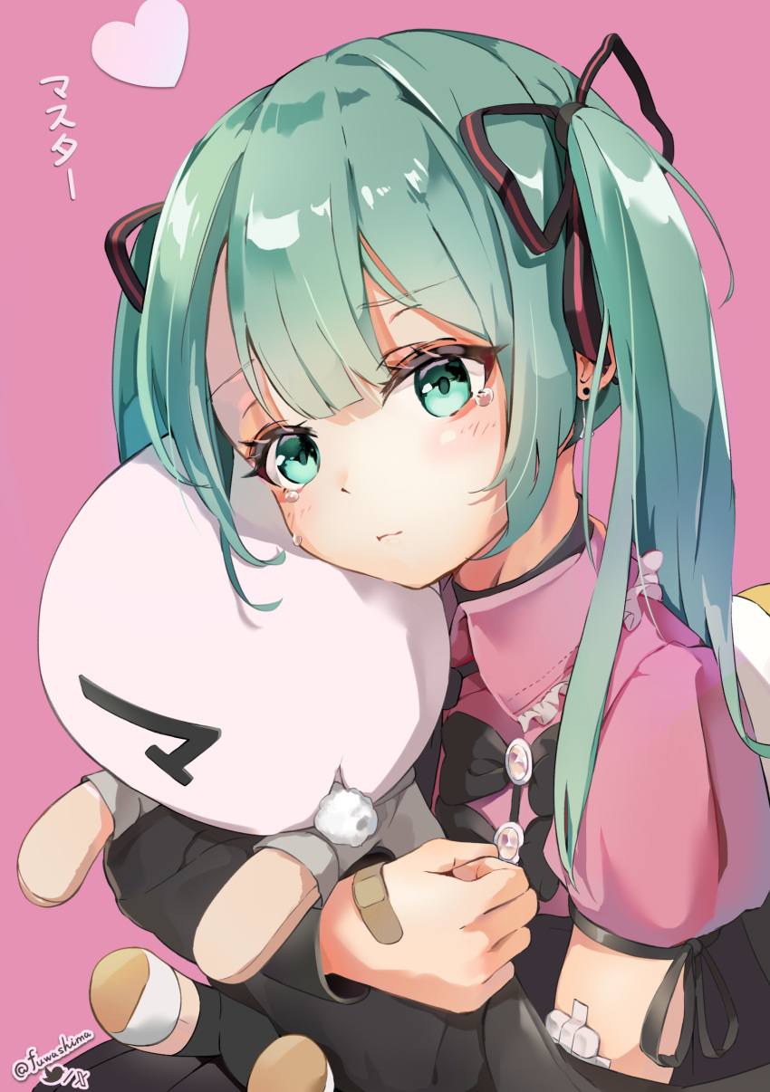 1girl :t bandaid bandaid_on_hand black_necktie black_ribbon blush closed_mouth collared_shirt crying crying_with_eyes_open earrings fuwashima gauze green_eyes green_hair hair_between_eyes hair_ribbon hatsune_miku heart highres holding holding_stuffed_toy jewelry jirai_kei long_hair looking_at_viewer necktie object_hug pink_background pink_shirt pout puffy_short_sleeves puffy_sleeves raised_eyebrows ribbon shirt short_sleeves sidelocks signature simple_background solo stud_earrings stuffed_toy tears twintails upper_body vocaloid