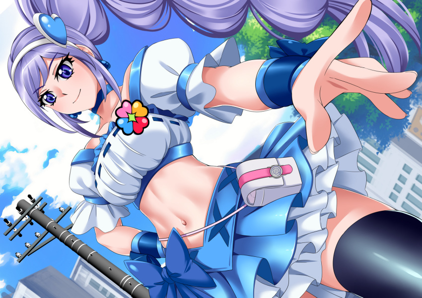 aono_miki bandeau black_thighhighs blue_choker blue_skirt breasts building choker cloud clover cure_berry day fresh_precure! frills hairband highres house long_hair medium_breasts navel outdoors pouch power_lines precure purple_eyes purple_hair road short_sleeves skirt sky street thighhighs town utility_pole very_long_hair wavelevel5