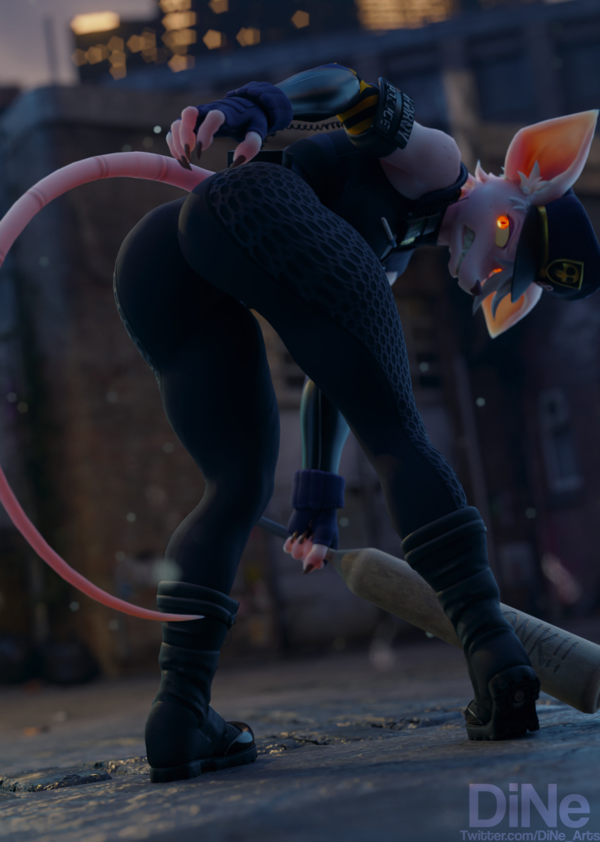 3d_(artwork) anthro big_butt butt clothed clothing digital_media_(artwork) dine female fur glowing glowing_eyes hair hi_res looking_at_viewer mammal murid murine officer_flint_(foretbwat) rat rodent solo tail white_body white_hair