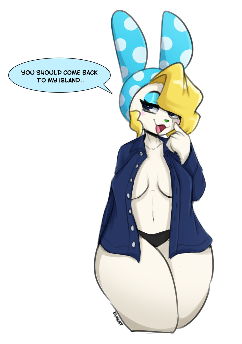 2023 absurd_res animal_crossing anthro blonde_hair blue_eyes breasts clothed clothing dialogue female francine_(animal_crossing) hair hi_res i_am_kat95 lagomorph leporid looking_at_viewer mammal nintendo open_clothing open_mouth open_shirt open_topwear panties rabbit shirt simple_background solo thick_thighs topwear underwear white_background wide_hips