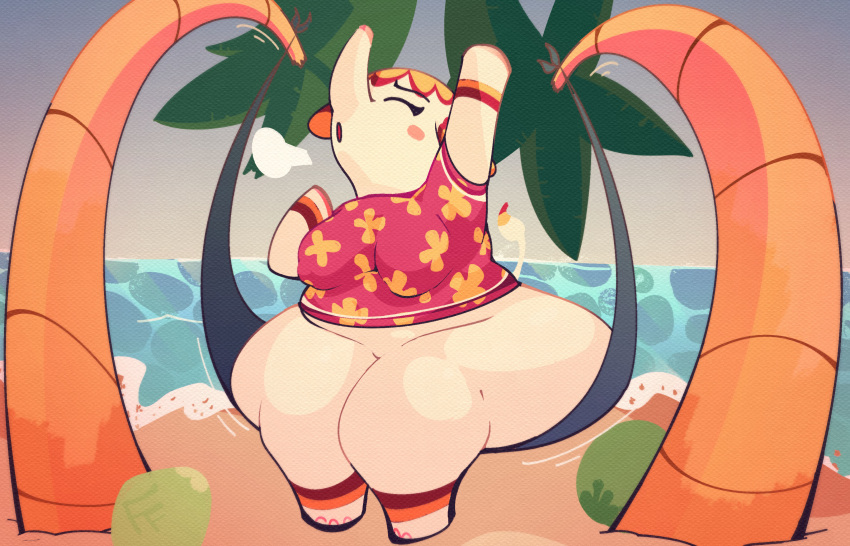 absurd_res animal_crossing anthro beach bottomless clothed clothing elephant elephantid female flashfigure hammock hi_res mammal margie_(animal_crossing) nintendo outside overweight overweight_female palm_tree plant proboscidean sea seaside shirt solo stretching thick_thighs topwear tree water wide_hips