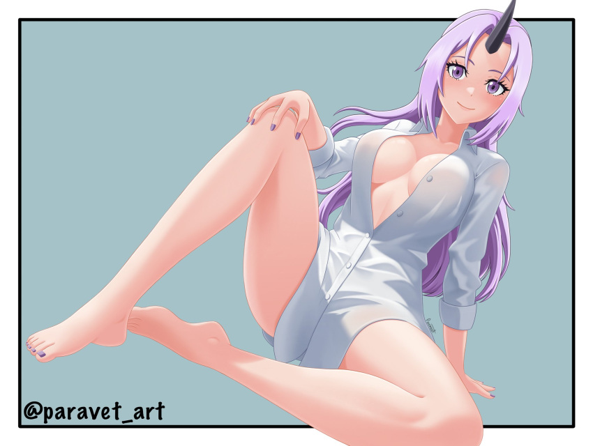 1girl arm_support bare_legs barefoot black_horns blush border breasts closed_mouth collarbone eyelashes feet full_body grey_background hand_on_own_knee highres horns knee_up large_breasts leaning_forward legs long_hair looking_at_viewer nail_polish paravet parted_bangs partially_unbuttoned purple_eyes purple_hair purple_nails shiny_skin shion_(tensei_shitara_slime_datta_ken) shirt sidelocks signature single_horn sitting solo tensei_shitara_slime_datta_ken thighs toenail_polish toenails toes twitter_username white_border white_shirt