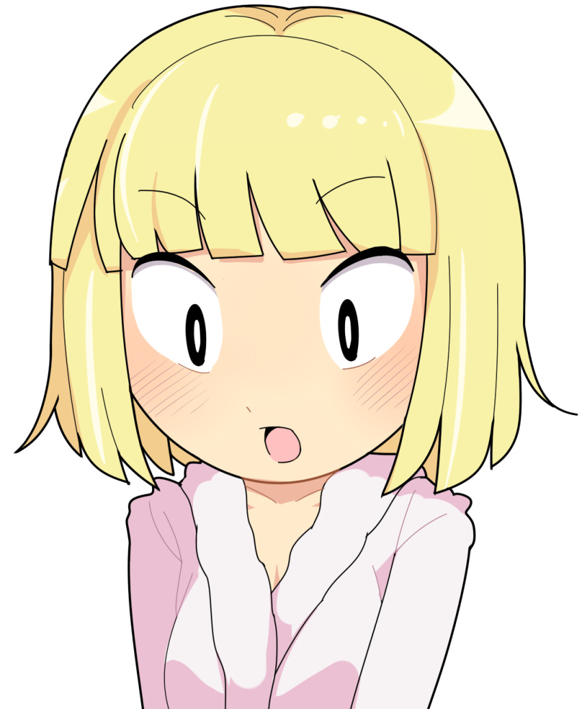 1girl :o bathrobe black_eyes blonde_hair blunt_bangs blush bright_pupils commentary_request highres hospital_king looking_down medium_bangs open_mouth robe short_hair simple_background solo uchi_emiri upper_body watashi_ga_motenai_no_wa_dou_kangaetemo_omaera_ga_warui! white_background white_pupils white_robe