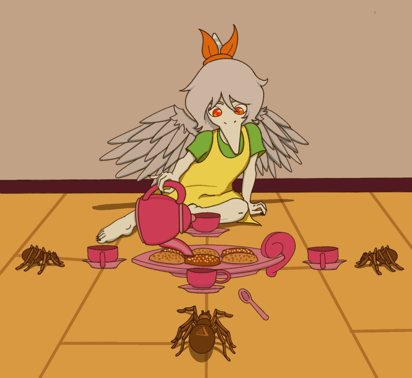 2023 amber_(snoot_game) amber_eyes anthro arachnid arthropod bow_(feature) child claws clothing container cookie cup cutlery detailed_background digital_drawing_(artwork) digital_media_(artwork) dinosaur dress feathered_wings feathers feet female feral fingers food grey_body grey_scales hair hi_res inside jacket_ignites kitchen_utensils mygalomorph pterodactylus pterosaur reptile scales scalie short_hair silver_hair snoot_game snout solo spider spoon tarantula tea_cup tea_party teapot toe_claws toes tools wings young