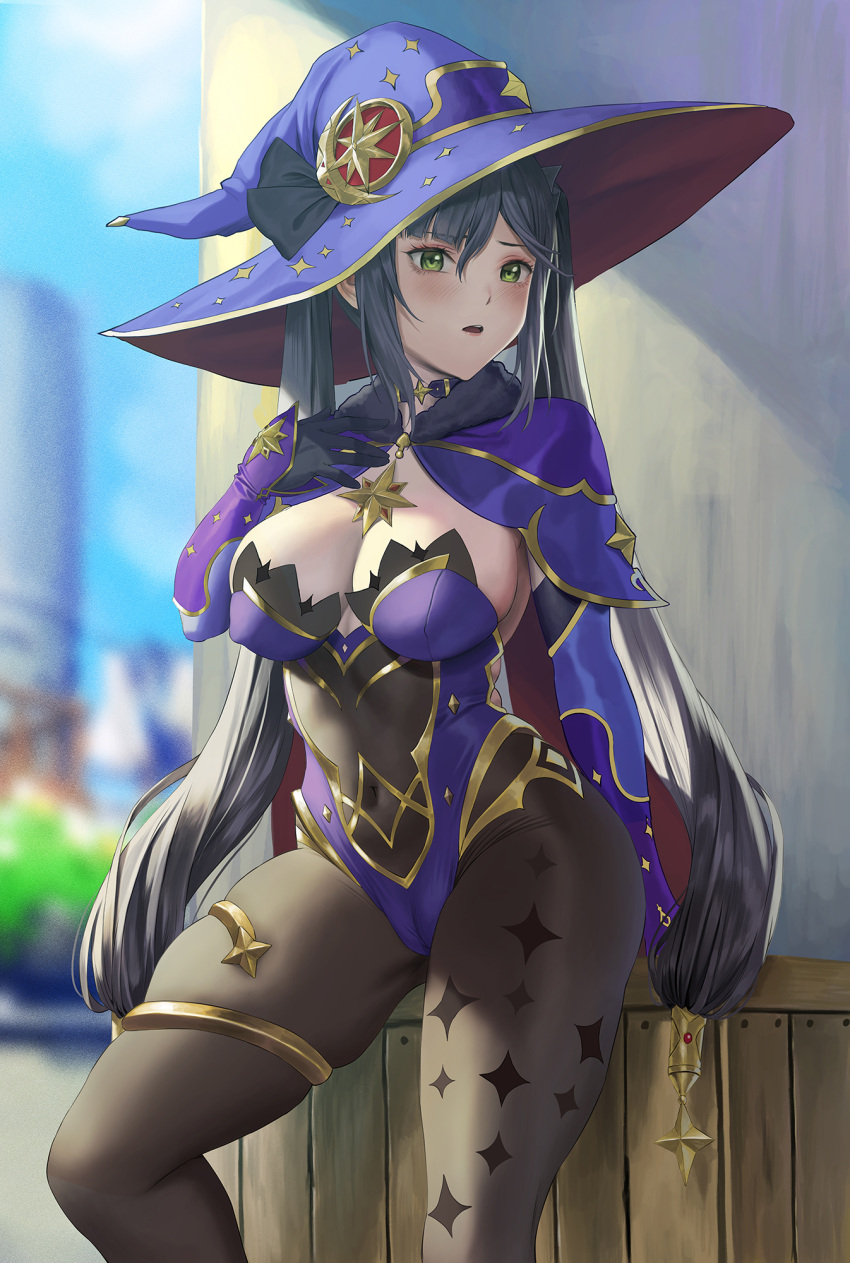 1girl alternate_breast_size black_hair breasts brooch cameltoe cleavage genshin_impact gloves gold_trim green_eyes hat highres jeneral jewelry large_breasts leotard long_hair looking_at_viewer mona_(genshin_impact) pantyhose purple_leotard skindentation solo thighlet thighs twintails very_long_hair witch_hat