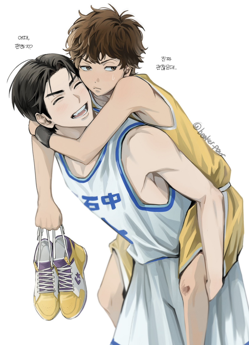 2boys aged_down arms_around_neck basketball_jersey basketball_uniform beaker_pour black_eyes black_hair black_wristband brown_eyes brown_hair carrying carrying_person child closed_eyes closed_mouth full_body highres holding holding_shoes korean_text male_focus mitsui_hisashi miyagi_ryouta multiple_boys open_mouth piggyback shoes short_hair shorts simple_background slam_dunk_(series) sneakers sportswear sweatdrop tank_top toned toned_male translation_request undercut unworn_shoes upper_body wavy_hair white_background white_shorts white_tank_top yellow_footwear yellow_shorts yellow_tank_top