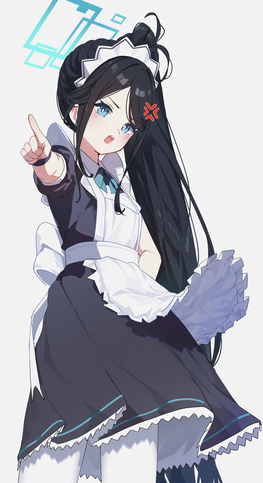 1girl absurdres anger_vein angry apron aris_(blue_archive) aris_(maid)_(blue_archive) black_dress black_hair blue_archive blue_eyes blue_halo bright_pupils commentary dress dunggeul_dunggeul frilled_apron frills halo hand_on_own_hip hand_up highres long_hair maid_apron maid_headdress pantyhose pointing pointing_at_viewer short_sleeves side_ponytail simple_background solo swept_bangs symbol-only_commentary v-shaped_eyebrows very_long_hair white_background white_pantyhose white_pupils