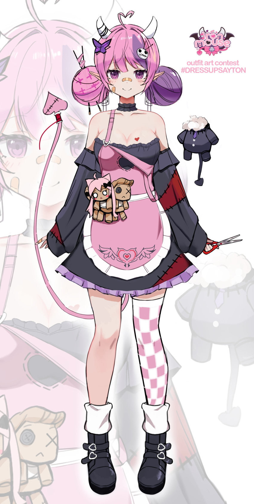 1girl absurdres ahoge alternate_costume apron arms_at_sides bandaid bandaid_on_face bandaid_on_hand bandaid_on_nose bare_shoulders black_footwear boots breasts butterfly_hair_ornament cdawgva character_doll checkered_thighhighs choker cleavage closed_mouth demon_girl demon_tail doll double_bun dress frilled_choker frilled_dress frills full_body hair_bun hair_ornament hairpin heart heart_ahoge heart_tattoo highres horns ironmouse large_breasts long_sleeves multicolored_hair needle nyatasha_nyanners off-shoulder_dress off_shoulder orobou patchwork_clothes pink_hair pointy_ears purple_eyes purple_hair ringed_eyes scissors sewing_needle short_dress single_thighhigh sleeves_past_wrists smile spool stitches straight-on swept_bangs tachi-e tail tattoo thighhighs two-tone_hair virtual_youtuber vshojo