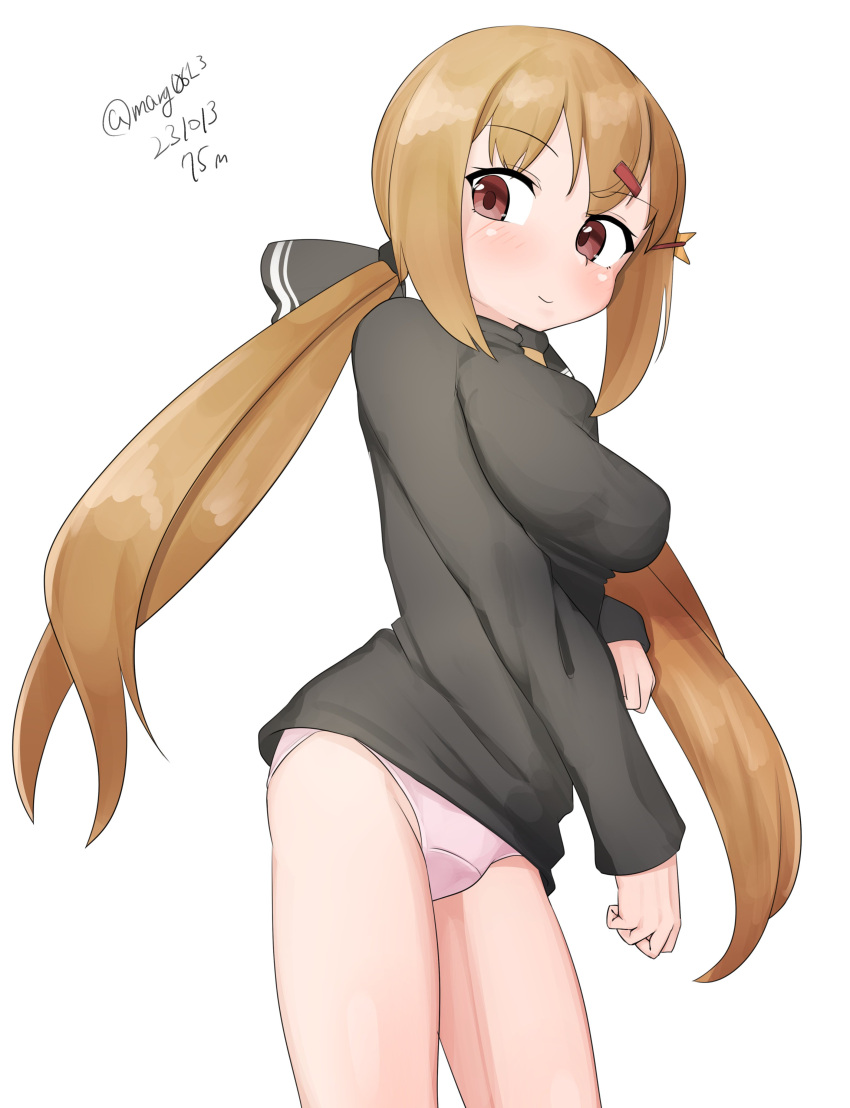 1girl absurdres black_sweater breasts brown_eyes brown_hair cowboy_shot dated highres kantai_collection long_hair looking_at_viewer low_twintails maru_(marg0613) medium_breasts one-hour_drawing_challenge panties pink_panties simple_background smile solo sweater tashkent_(kancolle) twintails twitter_username underwear white_background