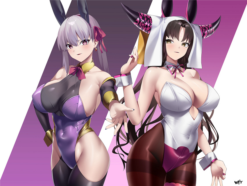 1girl animal_ears bare_shoulders black_thighhighs blush bow breasts cleavage collarbone covered_navel detached_sleeves earrings fake_animal_ears fate/extra fate/extra_ccc fate/grand_order fate_(series) gold_trim hair_ribbon highleg highleg_leotard highres hip_vent horns jewelry kama_(fate) kurozawa_yui large_breasts leotard long_hair looking_at_viewer open_mouth outstretched_arm pale_skin pantyhose parted_lips pink_bow playboy_bunny purple_leotard rabbit_ears red_eyes ribbon sesshouin_kiara sideboob smile solo thighhighs thighs white_hair wrist_cuffs yellow_eyes