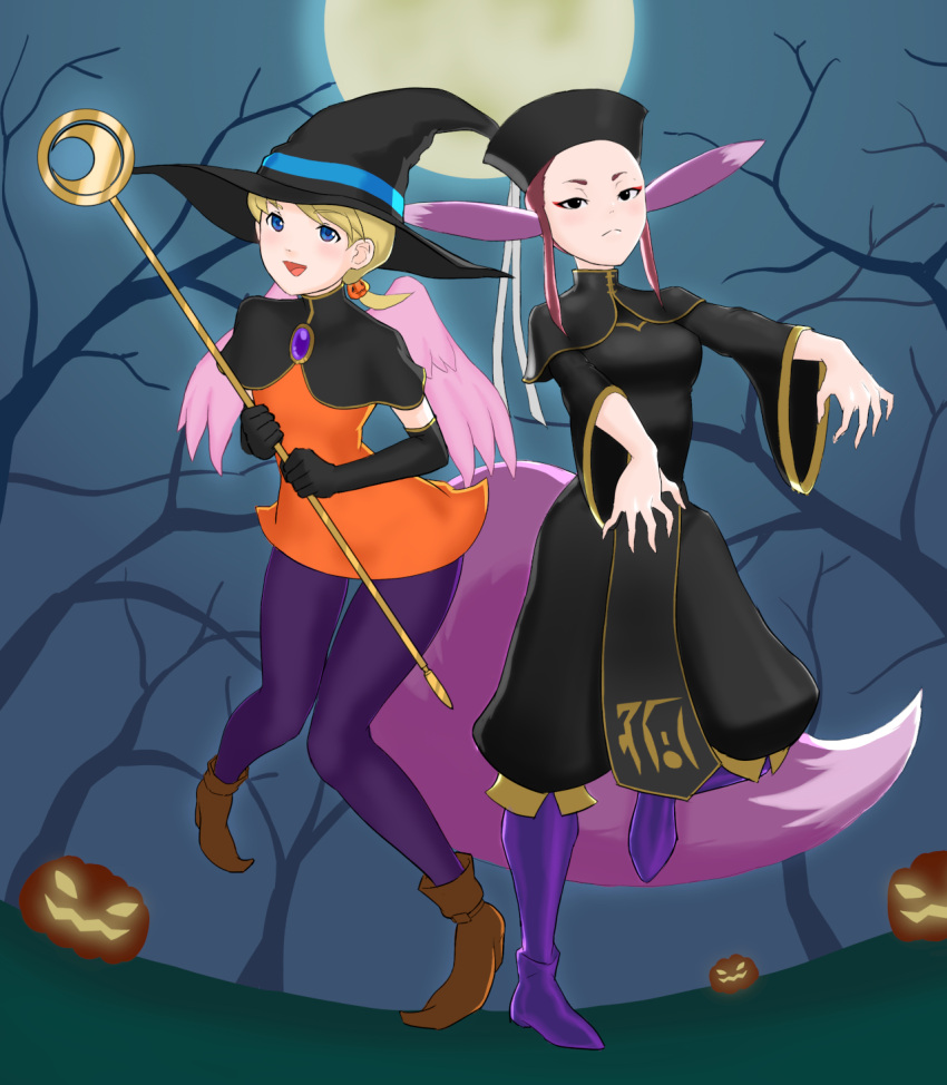 2girls angel_wings animal_ears black_hair blonde_hair blue_eyes breasts breath_of_fire breath_of_fire_iv closed_mouth dress earrings eyeshadow feathered_wings food-themed_hair_ornament gurata hair_ornament halloween halloween_costume hat highres holding holding_staff jack-o'-lantern jewelry makeup multiple_girls nina_(breath_of_fire_iv) open_mouth orange_dress pink_wings pumpkin pumpkin_hair_ornament short_hair smile staff tail ursula_(breath_of_fire) very_short_hair wings