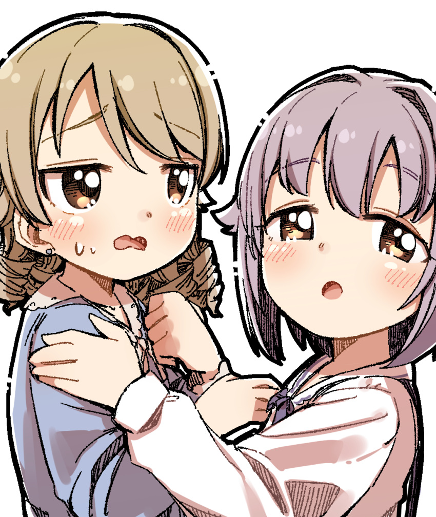 2girls :o blue_dress blush brown_eyes brown_hair dress grey_hair hair_flaps hair_intakes highres idolmaster idolmaster_cinderella_girls koshimizu_sachiko long_hair long_sleeves looking_at_another morikubo_nono multiple_girls open_mouth puffy_long_sleeves puffy_sleeves ringlets shirt simple_background sweat upper_body wavy_mouth white_background white_shirt yukie_(kusaka_shi)