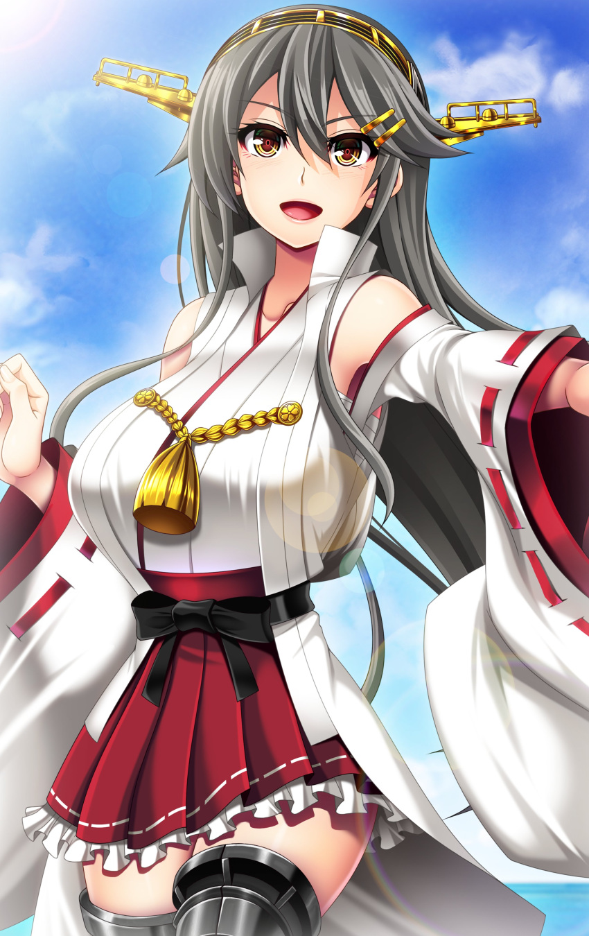 1girl absurdres breasts chest_sarashi cowboy_shot detached_sleeves grey_hair hair_ornament hairband hairclip hakama hakama_short_skirt hakama_skirt haruna_(kancolle) haruna_kai_ni_(kancolle) highres japanese_clothes kantai_collection large_breasts long_hair looking_at_viewer militia_minpei nontraditional_miko open_mouth outdoors pleated_skirt red_hakama sarashi skirt solo