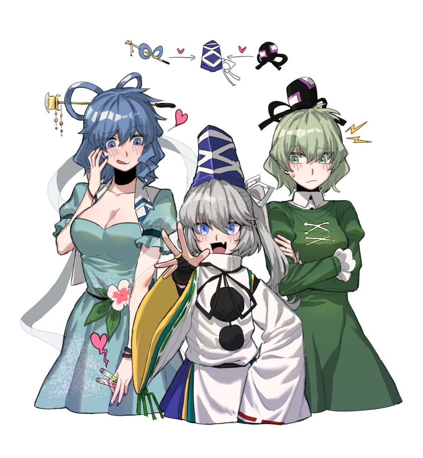 3girls :/ :q annoyed arm_at_side arm_up arrow_(symbol) ast.rockett behind_another blue_dress blue_eyes blue_hair blush breasts cleavage closed_mouth cowboy_shot cropped_legs crossed_arms dress fang fingerless_gloves fingernails flower frown gloves green_dress green_eyes green_hair grey_hair hair_between_eyes hair_ornament hair_rings hair_stick hand_on_own_face hand_up hat heart height_difference highres holding holding_test_tube japanese_clothes kaku_seiga kariginu large_breasts licking_lips long_hair long_sleeves looking_at_another looking_at_viewer medium_hair mononobe_no_futo multiple_girls nail_polish open_mouth outstretched_arm outstretched_hand pom_pom_(clothes) ponytail raised_eyebrows ribbon-trimmed_sleeves ribbon_trim short_sleeves side_ponytail skin_fang smile soga_no_tojiko spread_fingers standing tate_eboshi test_tube tongue tongue_out touhou v-shaped_eyebrows white_background wide_sleeves yuri