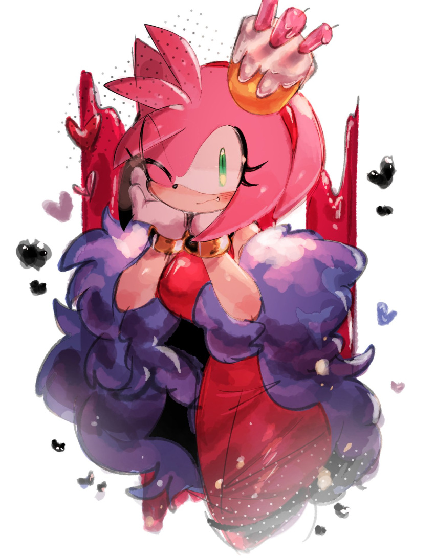 1girl amy_rose birthday_cake blush cake cake_hair_ornament dress feather_boa food food-themed_hair_ornament furry furry_female gloves green_eyes hair_ornament highres one_eye_closed red_dress simple_background solo sonic_(series) the_murder_of_sonic_the_hedgehog usa37107692 white_background white_gloves