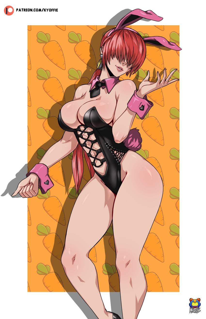 1girl absurdres animal_ears breasts carrot carrot_background cleavage detached_collar hair_over_eyes highres kyoffie large_breasts playboy_bunny rabbit_ears red_hair shermie_(kof) solo the_king_of_fighters wrist_cuffs