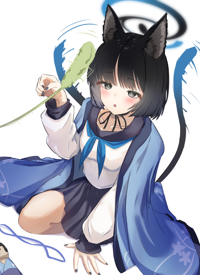 1girl animal_ear_fluff animal_ears black_eyes black_nails black_ribbon black_sailor_collar blue_archive blue_neckerchief blue_ribbon blue_skirt blush cat_ears cat_teaser collarbone doll floral_print halo hand_on_ground highres kikyou_(blue_archive) kimono_on_shoulders looking_at_viewer morishin546 multiple_tails neck_ribbon neckerchief on_ground pleated_skirt ribbon sailor_collar shirt short_hair simple_background skirt solo speed_lines tail two_tails white_background white_shirt