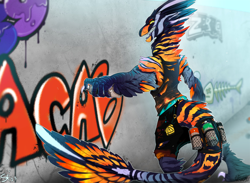 2023 acab accessory anthro bag biped black_body black_feathers bottomwear claws clothing digital_media_(artwork) dinosaur dromaeosaurid feathered_dinosaur feathers finger_claws furgonomics graffiti looking_at_viewer male multicolored_body multicolored_feathers open_mouth open_smile orange_body orange_feathers outside paint pig_(artist) reptile scalie shirt shorts smile solo spray_can spray_paint tail tail_accessory tail_bag tank_top theropod toe_claws topwear wall_(structure) white_body white_feathers yellow_eyes