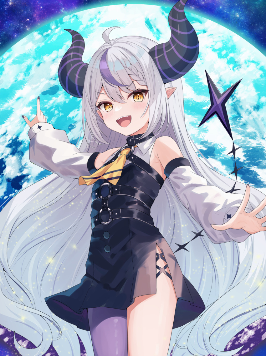 1girl adju_ster ahoge bare_shoulders blush braid braided_bangs collar demon_girl demon_horns detached_sleeves grey_hair hair_between_eyes highres hololive horns la+_darknesss long_hair long_sleeves looking_at_viewer metal_collar multicolored_hair neckerchief open_mouth pointy_ears purple_hair smile streaked_hair striped_horns very_long_hair virtual_youtuber yellow_eyes