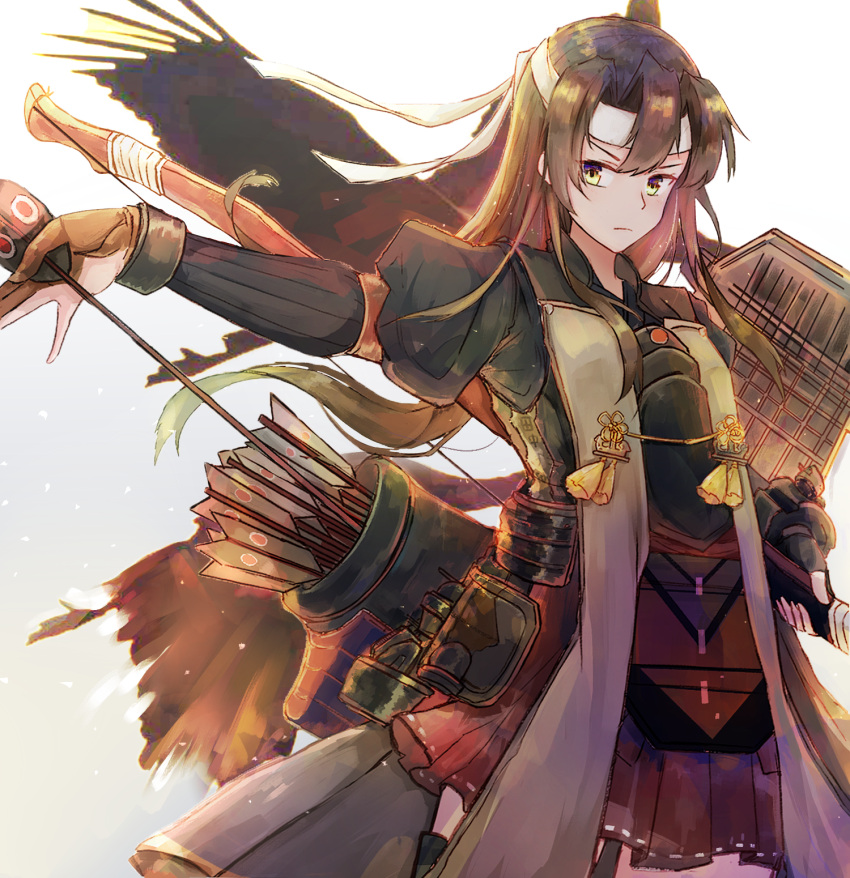 1girl archery_shooting_glove arrow_(projectile) axleaki backlighting bird bow_(weapon) closed_mouth commentary_request cowboy_shot gloves green_hair hairband hakama hakama_short_skirt hakama_skirt highres holding holding_arrow holding_bow_(weapon) holding_weapon japanese_clothes juliet_sleeves kantai_collection light_particles long_hair long_sleeves looking_at_viewer miniskirt partially_fingerless_gloves pleated_skirt puffy_sleeves quiver red_skirt simple_background skirt solo variant_set weapon white_background yellow_eyes zettai_ryouiki zuikaku_(kancolle) zuikaku_kai_ni_(kancolle)