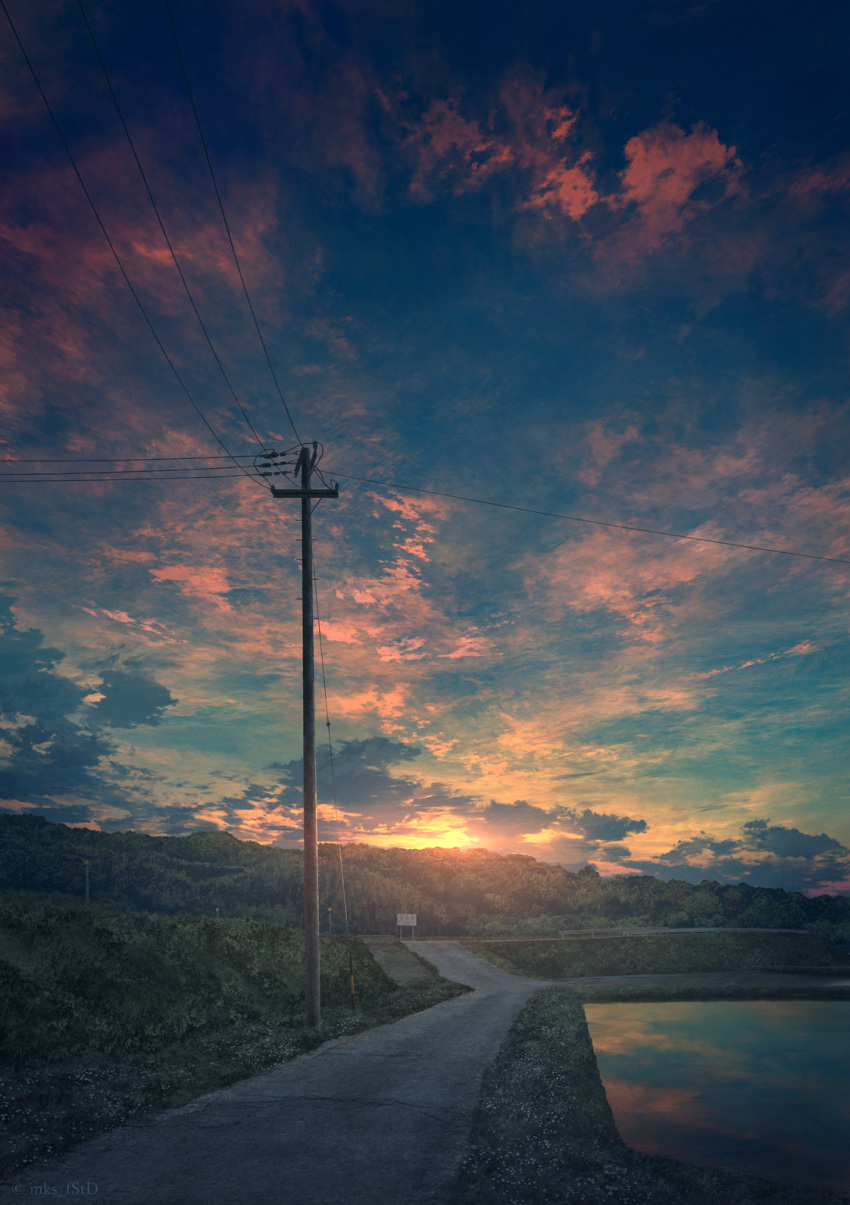 cloud evening grass highres landscape mks mountainous_horizon no_humans original outdoors power_lines reflection reflective_water rice_paddy road rural scenery sign sky sun sunset utility_pole