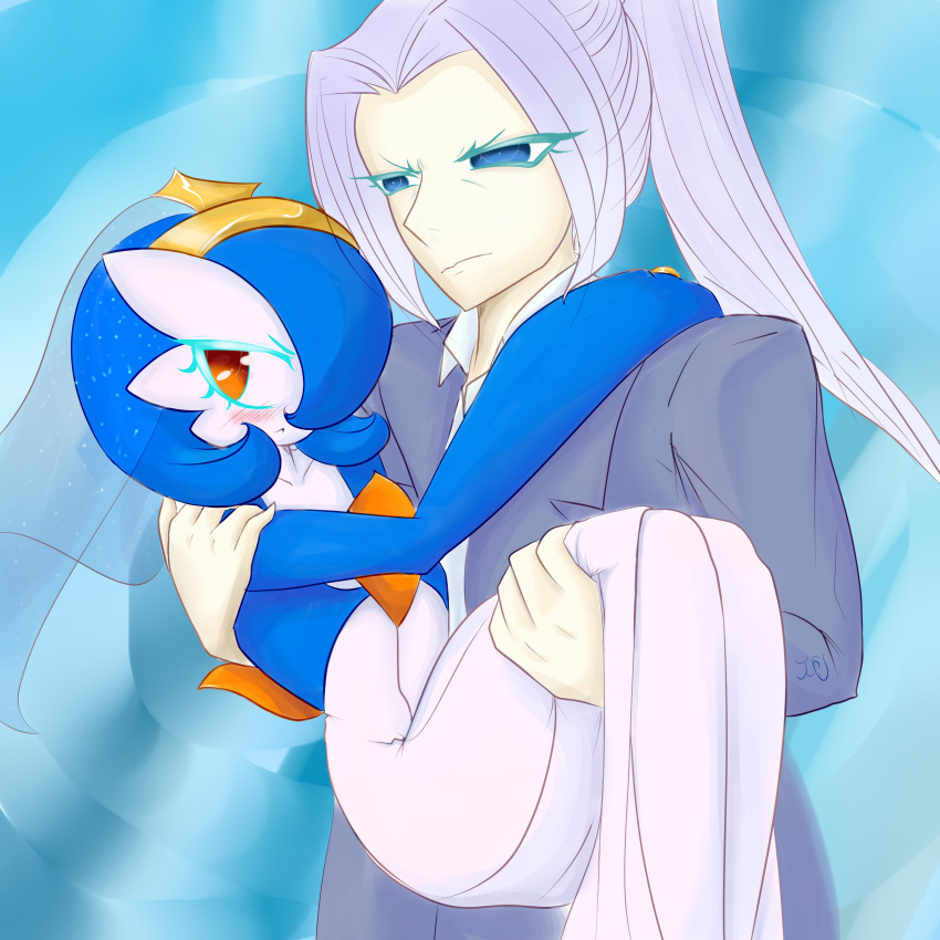 2023 absurd_res blue_eyes blue_hair blush bridal_carry carrying clothed clothing digit_ring duo female gardevoir generation_3_pokemon hair hair_over_eye hand_on_shoulder hi_res human humanoid husband_and_wife jewelry looking_away male mammal married_couple nintendo not_furry one_eye_obstructed orange_eyes pokemon pokemon_(species) ponytail princess_carry renv ring romantic romantic_couple saeko_(renv) shiny_pokemon sigma_(renv) signature silver_hair suit veil wedding_ring