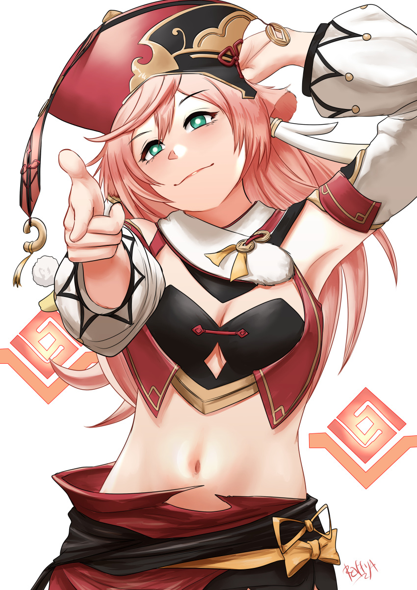 1girl absurdres armpits artist_name bandeau black_bandeau blush breasts bright_pupils cleavage detached_sleeves finger_gun genshin_impact green_eyes hand_on_own_head hat head_tilt highres horns looking_at_viewer medium_breasts midriff navel pink_hair raffijoe5 red_headwear red_skirt simple_background skirt smile solo white_background white_pupils yanfei_(genshin_impact)