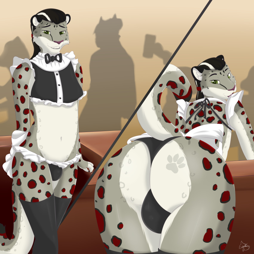 absurd_res anthro bar barmaid butt clothed clothing crop_top felid girly hi_res leg_warmers legwear maid_uniform male mammal pantherine presenting presenting_hindquarters raised_tail shirt shy skimpy snow_leopard solo tail thong topwear umbrose underwear uniform wolfschulte