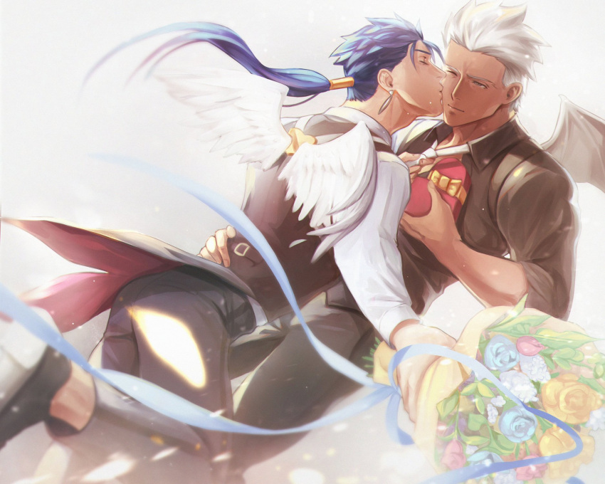 2boys angel_and_devil angel_wings archer_(fate) black_footwear black_pants black_shirt blue_flower blue_rose bouquet box closed_mouth cu_chulainn_(fate) demon_wings earrings fate/grand_order fate_(series) flower gravesecrets hand_on_another's_waist heart-shaped_box highres holding holding_bouquet jewelry long_hair long_sleeves male_focus multiple_boys necktie orange_flower orange_rose pants pink_flower pink_tulip rose shirt short_hair simple_background tailcoat tulip white_background white_flower white_necktie wings