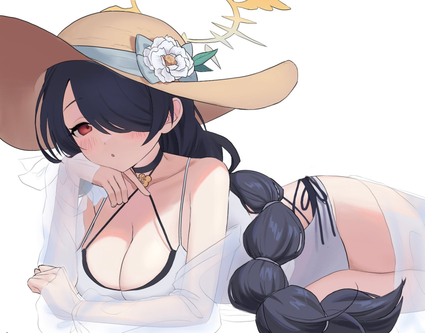 1girl 5uj0 :o black_hair blue_archive blush braid braided_ponytail breasts brown_headwear choker cleavage hair_over_one_eye halo hat highres hinata_(blue_archive) hinata_(swimsuit)_(blue_archive) large_breasts long_hair looking_at_viewer lying on_side one-piece_swimsuit red_eyes simple_background solo sun_hat swimsuit swimsuit_cover-up very_long_hair white_background