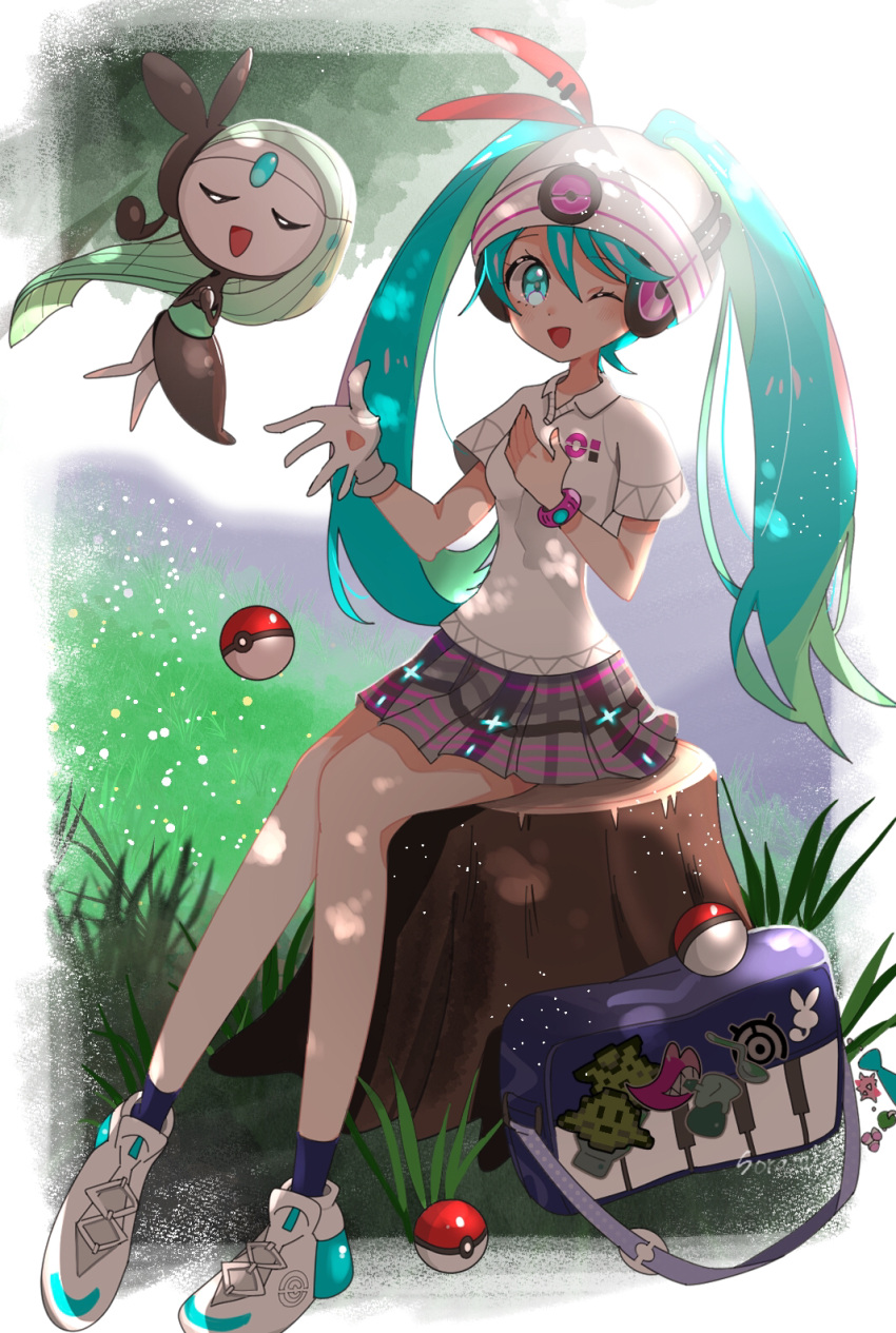 1girl aqua_eyes aqua_hair bag beanie black_socks collared_shirt green_hair hat hatsune_miku headphones highres long_hair meloetta one_eye_closed pleated_skirt poke_ball pokemon pokemon_(creature) project_voltage psychic_miku_(project_voltage) shirt shoulder_bag sitting skirt socks sorami tree_shade tree_stump twintails vocaloid white_footwear white_headwear white_shirt