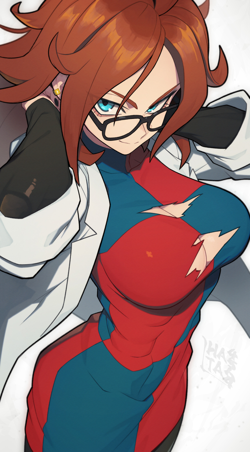 1girl android_21 artist_name black_sleeves blue_eyes breasts brown_hair checkered_clothes checkered_dress cleavage closed_mouth detached_sleeves dragon_ball dragon_ball_fighterz dress earrings glasses hata4564 highres jewelry lab_coat large_breasts long_hair looking_at_viewer messy_hair simple_background smile solo standing torn_clothes torn_dress white_background