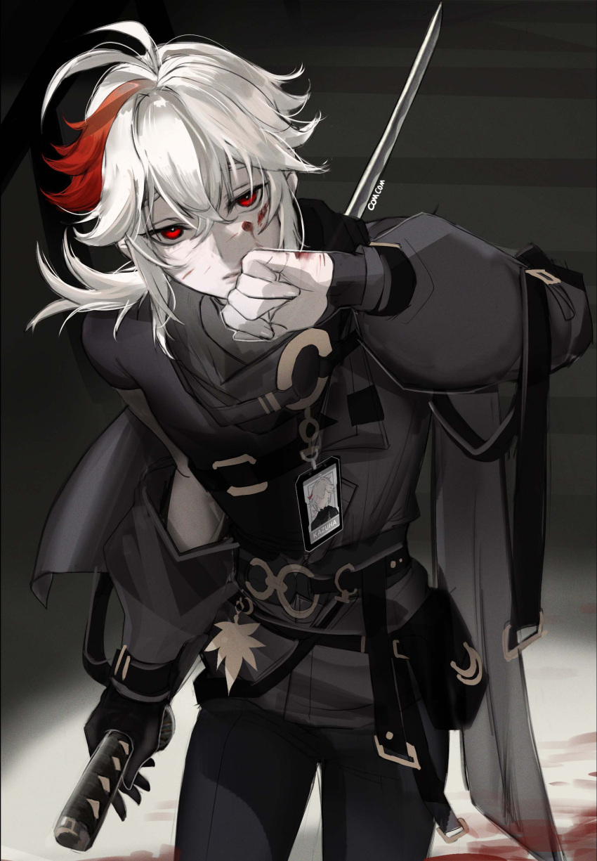 1boy absurdres alternate_costume artist_name black_jacket black_pants blood blood_on_face comcom_(comcomhey) genshin_impact highres holding holding_sword holding_weapon jacket kaedehara_kazuha low_ponytail male_focus medium_hair multicolored_hair pale_skin pants parted_lips red_eyes red_hair solo sword teeth weapon white_hair