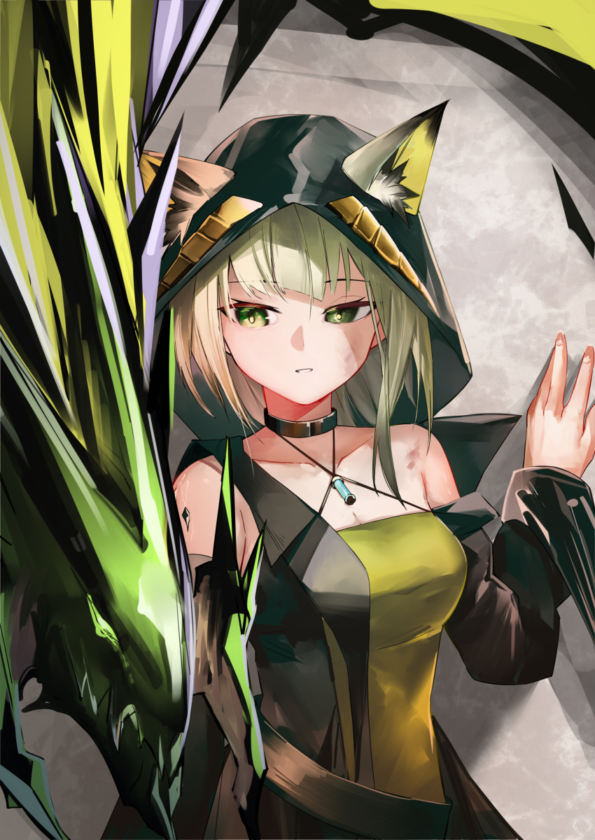 1girl absurdres animal_ear_fluff animal_ears ao_oni_(onioni-aoi) arknights bare_shoulders black_coat black_collar cat_ears cat_girl coat collar collarbone commentary_request dress ears_through_hood green_eyes green_hair halter_dress halterneck highres hood hood_up hooded_coat kal'tsit_(arknights) long_hair long_sleeves mon3tr_(arknights) official_alternate_costume oripathy_lesion_(arknights) parted_lips solo uneven_eyes upper_body yellow_dress