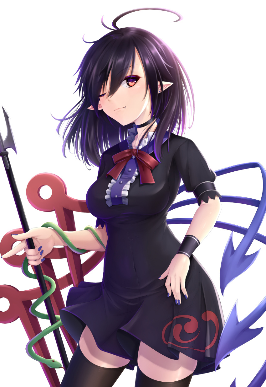 1girl absurdres ahoge asymmetrical_wings black_dress black_hair black_thighhighs blue_wings bow bowtie breasts center_frills closed_mouth commentary_request cowboy_shot dress fang frills highres houjuu_nue looking_at_viewer medium_hair one_eye_closed pointy_ears polearm red_bow red_bowtie red_eyes red_wings seiya_(iiseven) short_sleeves simple_background snake_armband solo thighhighs touhou trident weapon white_background wings wristband