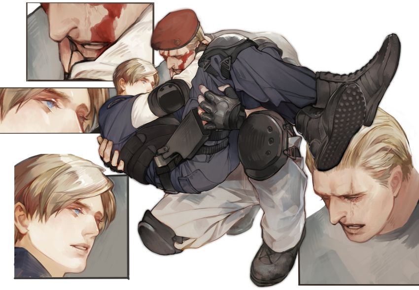 2boys absurdres bara black_pants black_shirt blonde_hair blood blood_on_face blue_eyes brown_hair bulletproof_vest carrying carrying_person couple grey_pants highres injury jack_krauser knee_pads leon_s._kennedy looking_at_another male_focus multiple_boys muscular muscular_male open_mouth pants parted_lips princess_carry resident_evil resident_evil_4 resident_evil_4_(remake) scar scar_across_eye scar_on_face scar_on_mouth shirt short_hair vetania white_shirt yaoi