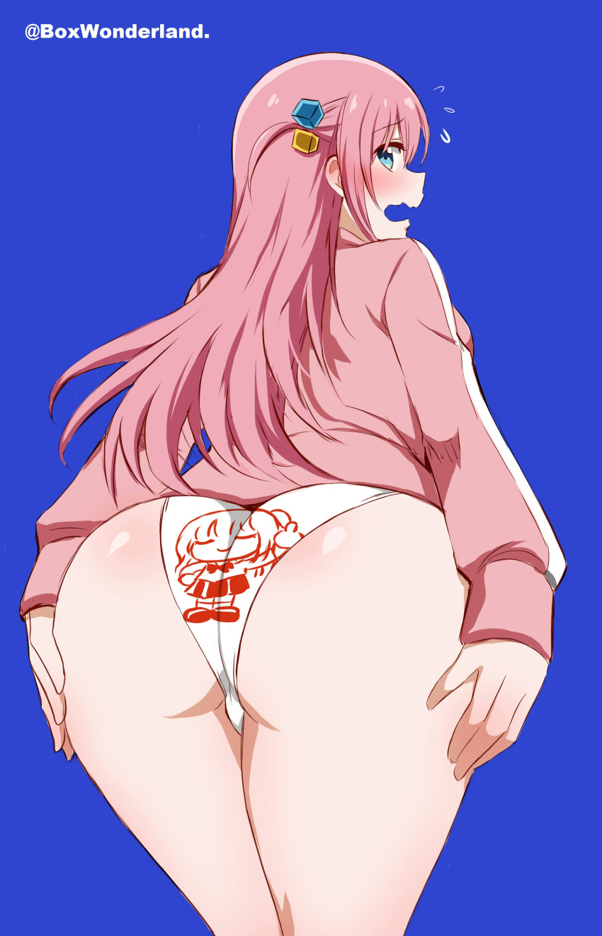 1girl absurdres ass ass_focus blue_background blue_eyes blush bocchi_the_rock! box_wonderland flying_sweatdrops from_behind gotou_hitori hair_ornament highres jacket long_hair long_sleeves looking_at_viewer looking_back open_mouth panties pink_hair pink_jacket simple_background solo underwear wavy_mouth white_panties