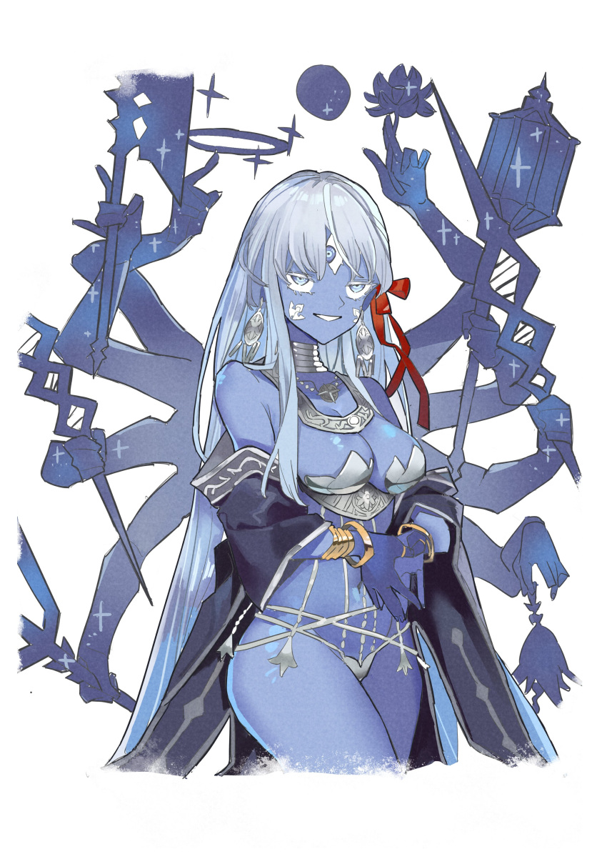 1girl absurdres armor axe bare_shoulders bell belly_chain bikini_armor blue_eyes blue_skin bracelet breasts chakram cleavage club_(weapon) colored_skin earrings extra_arms fate/grand_order fate_(series) flower grin hair_ribbon highres jewelry kali_(fate) large_breasts long_hair looking_at_viewer navel neck_ring necklace polearm revealing_clothes ribbon sash smile snake solo tenten47086101 thighs third_eye thumb_ring very_long_hair weapon white_hair
