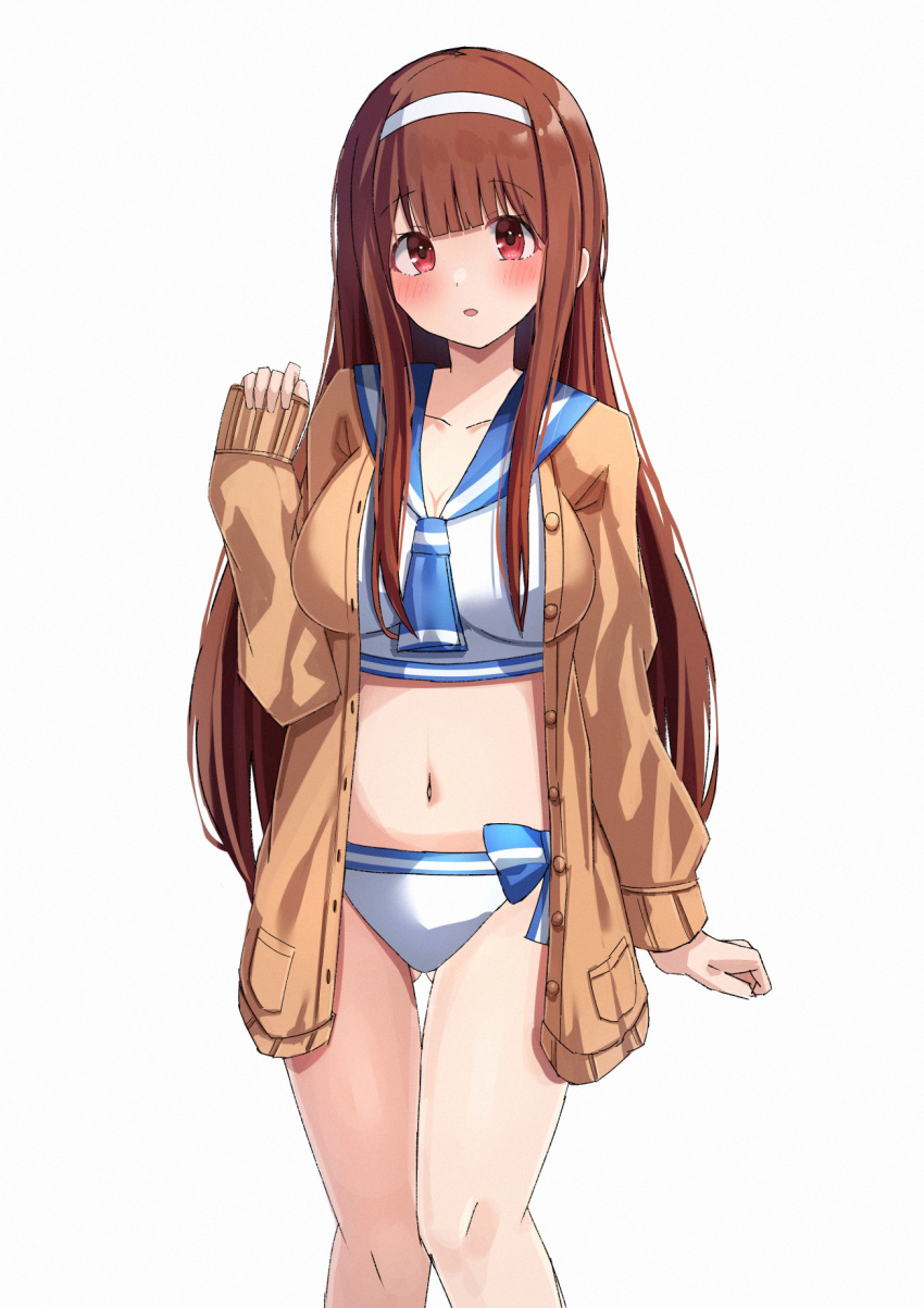1girl ass_visible_through_thighs bikini blue_bow blue_neckerchief blue_sailor_collar blush bow breasts brown_cardigan brown_hair buttons cardigan collarbone commentary_request hairband hand_up highres idolmaster idolmaster_million_live! large_breasts long_hair long_sleeves looking_at_viewer navel neckerchief open_cardigan open_clothes parted_lips red_eyes sailor_collar sailor_swimsuit_(idolmaster) sidelocks solo stomach striped striped_bow swimsuit tabii tanaka_kotoha thighs white_background white_bikini white_hairband