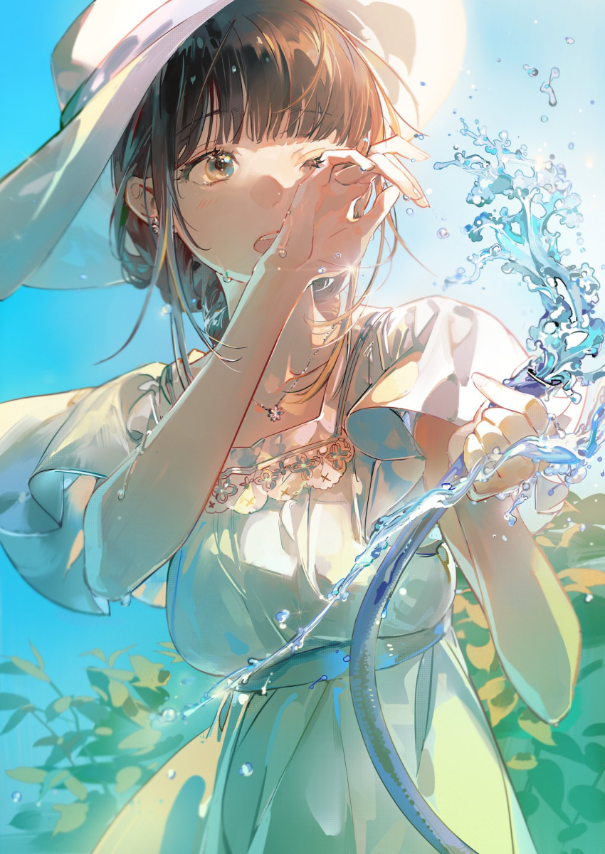 1girl blue_eyes blunt_bangs braid braided_ponytail breasts brown_hair day dress earrings floating_clothes flower_earrings hands_up hat highres holding holding_hose hose jewelry long_hair looking_to_the_side nature necklace noir_(ibaraki) one_eye_closed open_mouth original outdoors pendant plant sash short_sleeves single_braid sky solo summer sun_hat upper_body water wet white_dress white_headwear wide_sleeves wiping_face