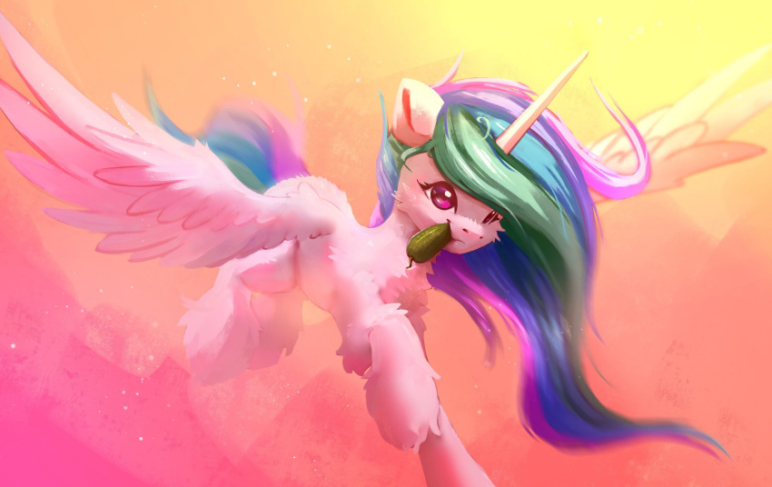 blue_hair blue_tail cheek_tuft chest_tuft digital_media_(artwork) equid equine facial_tuft feathered_wings feathers female feral fluffy food friendship_is_magic fur green_hair green_tail hair hasbro hi_res horn itssim leg_tuft long_horn mammal mouth_hold multicolored_hair multicolored_tail my_little_pony pickle_(food) pink_eyes pink_hair pink_tail princess_celestia_(mlp) purple_hair purple_tail solo spread_wings tail tuft white_body white_feathers white_fur winged_unicorn wings