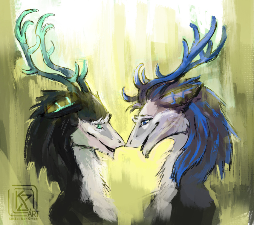 2023 ambiguous_gender anthro antlers black_body black_fur black_lips blue_antlers blue_eyes blue_markings bright_background digital_media_(artwork) duo ears_back eran_morkon eye_contact eyebrows fur green_antlers green_eyes green_markings grey_body grey_fur happy horn hybrid ketzal_nor_omen lips looking_at_another mane markings pivoted_ears schmitt sergal shaded simple_background simple_shading smile standing touching_noses watermark white_body white_eyebrows white_fur