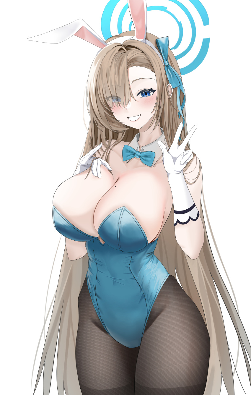 1girl absurdres animal_ears aqua_bow aqua_bowtie aqua_leotard asuna_(blue_archive) asuna_(bunny)_(blue_archive) asymmetrical_bangs black_pantyhose blue_archive blue_eyes blush bow bowtie breasts cleavage collarbone covered_navel detached_collar dlnk fake_animal_ears gloves groin hair_over_one_eye halo hand_on_own_chest highres large_breasts leotard light_brown_hair long_hair looking_at_viewer mole mole_on_breast official_alternate_costume pantyhose rabbit_ears smile solo straight_hair strapless strapless_leotard very_long_hair w white_gloves